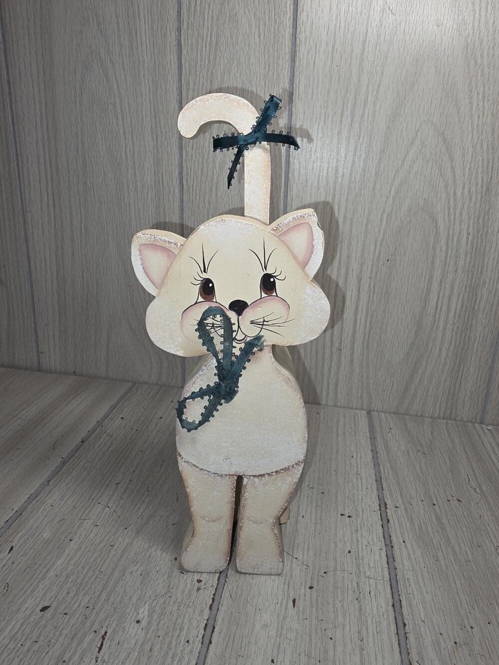 Vintage Cat Stand-Up 3D Wood Figurine Hand Painted Crafted White Kitten Cute 11"